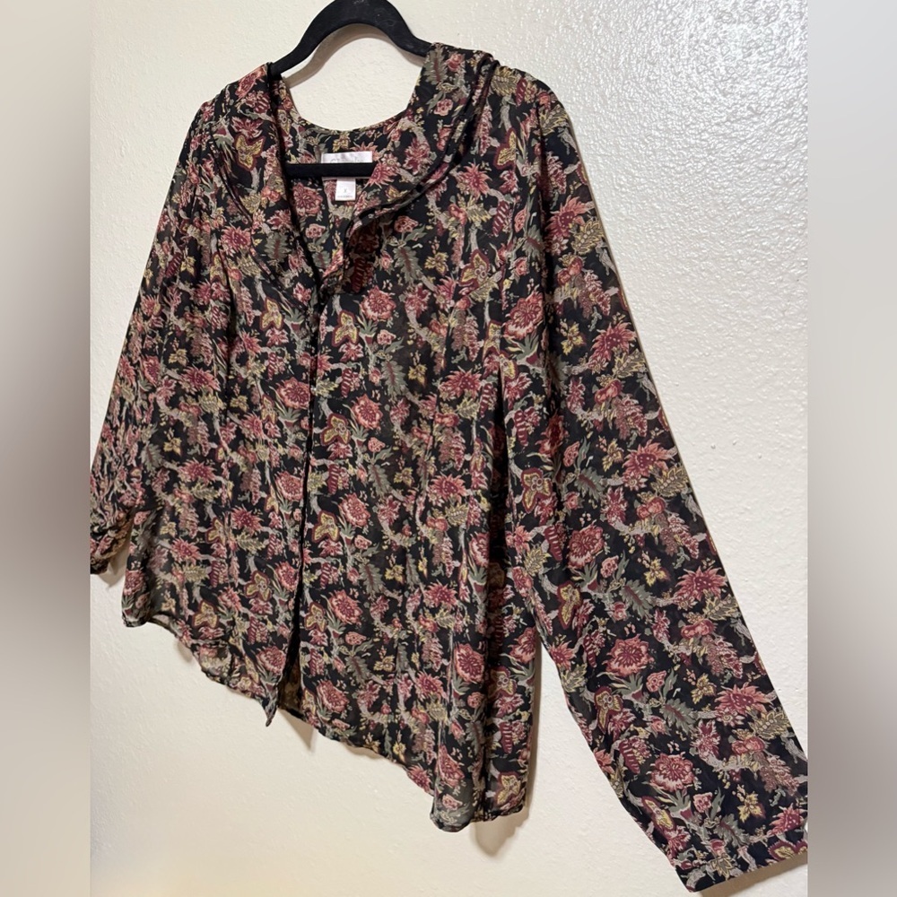 CJ Banks Earthy Floral Ruffle Collar Button-Down Blouse | Women’s Top - Picture 3 of 5